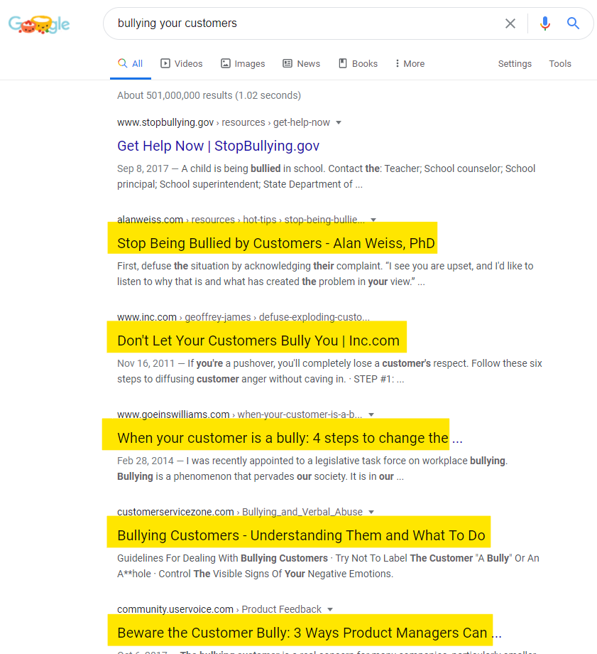 Google search result for the term "Bullying your customers"