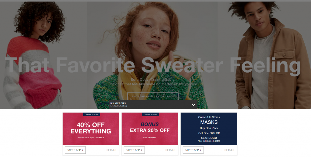 Snapshot from a retailer website showing people wearing sweaters and discount offers